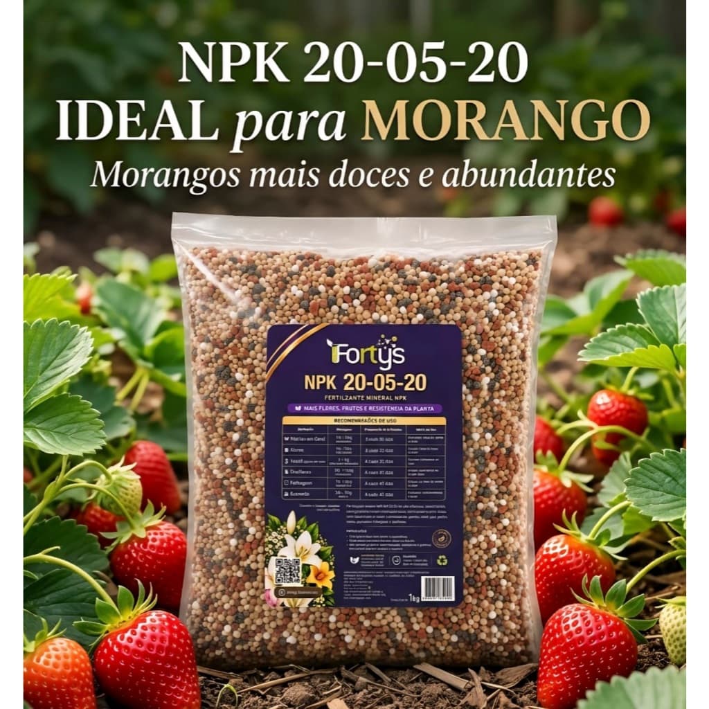 Fertilizante Adubo Para Morango NPK 20-05-20 Fortys 1kg: Ideal para Frutíferas, Floração e Frutos Mais Doces