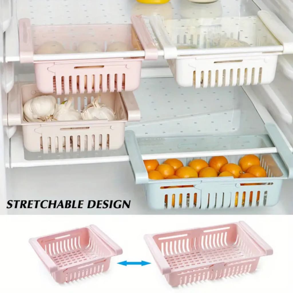 KIt 2 Peças Cesto Organizador De Geladeira Multiuso Gaveta Retrátil Ajustável Prático Portátil Extendable Refrigerator