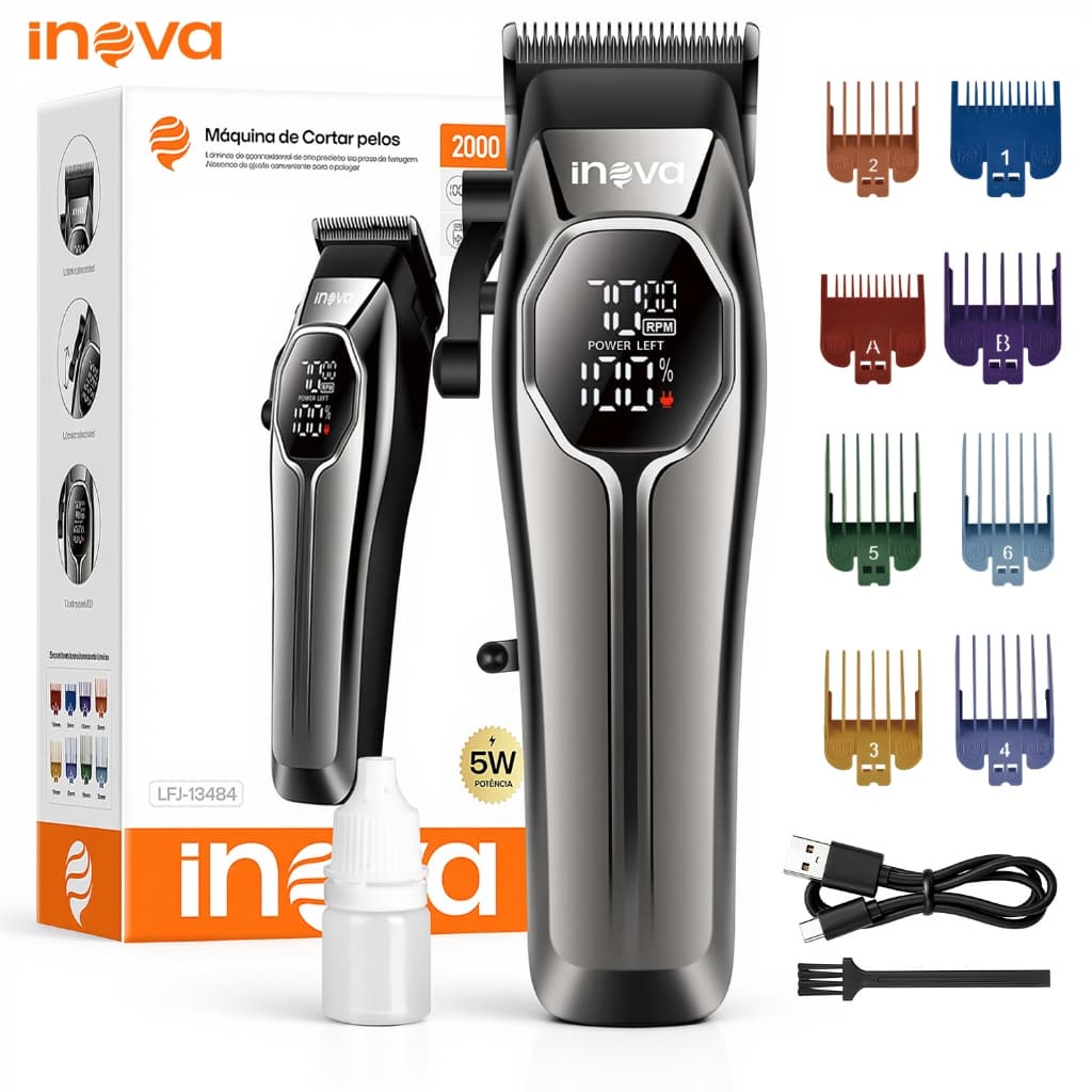 Barbeador Elétrico Masculino Máquina de Cortar Cabelo Profissional Sem Fio Aparador de Barba LED 2000mAh 8 Pentes
