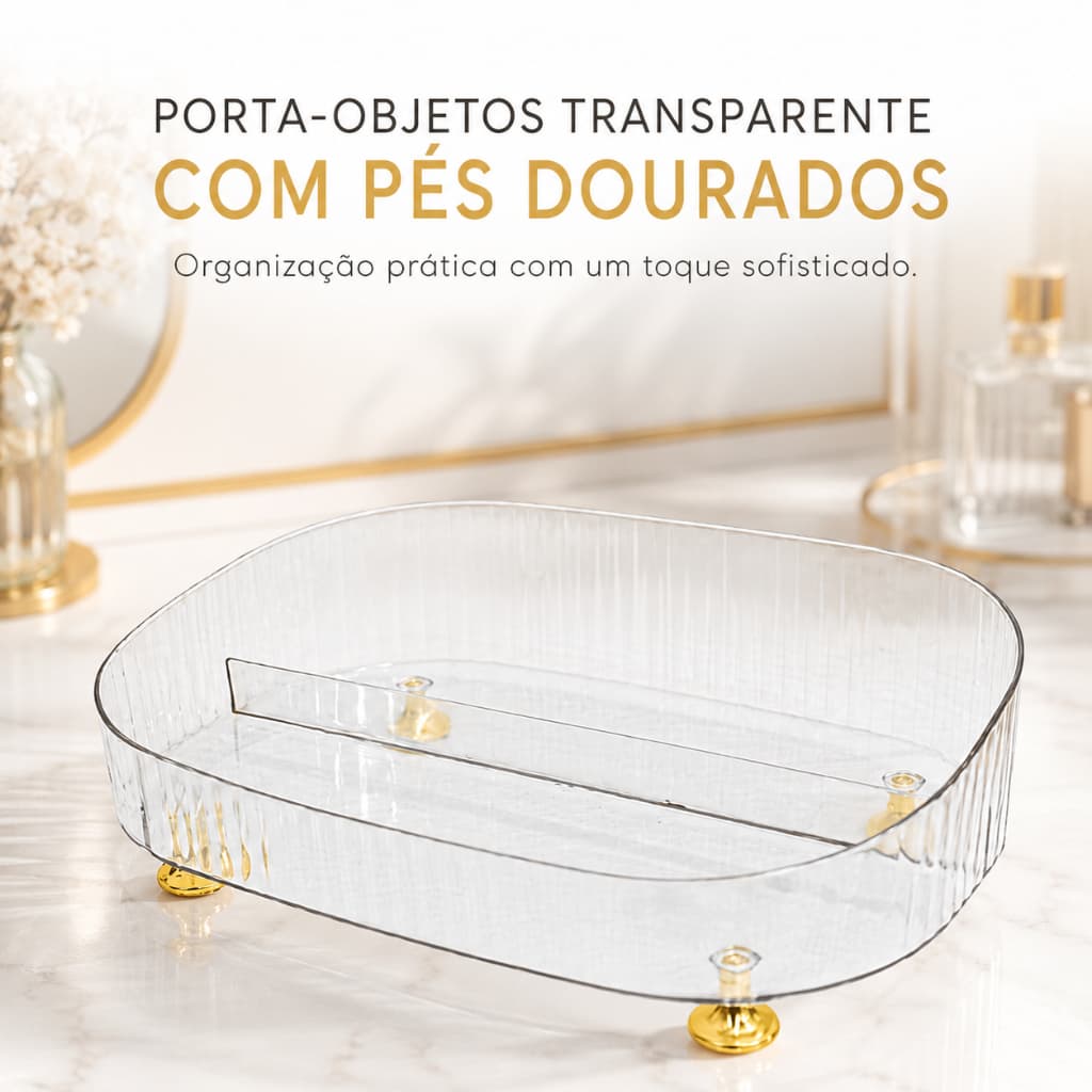Porta Objetos Transparente com Pés Dourados Organizador para Maquiagem Bijuterias e Acessórios