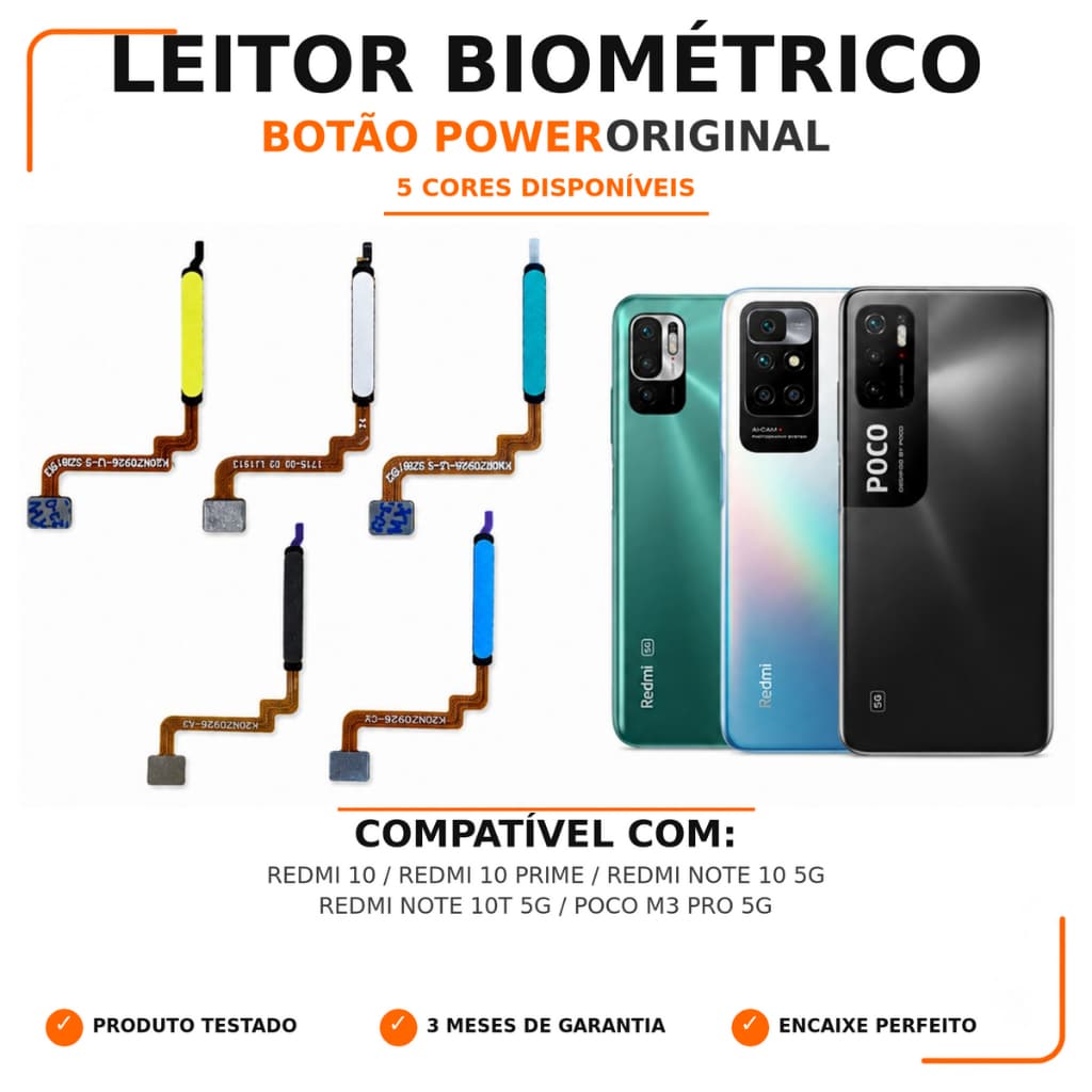 Leitor Digital POCO M3 Pro/Redmi 10/Prime/Note 10/10T 5G Botão Power Externo Biometria Original