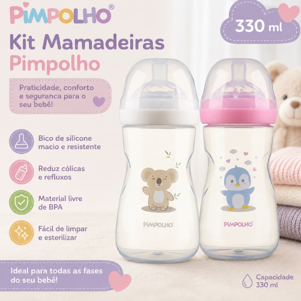 Kit Mamadeira Para Bebe Anti Cólica e Anti Refluxo 330 ML Fluxo Variável Menino Menina Neutro Serena Pimpolho