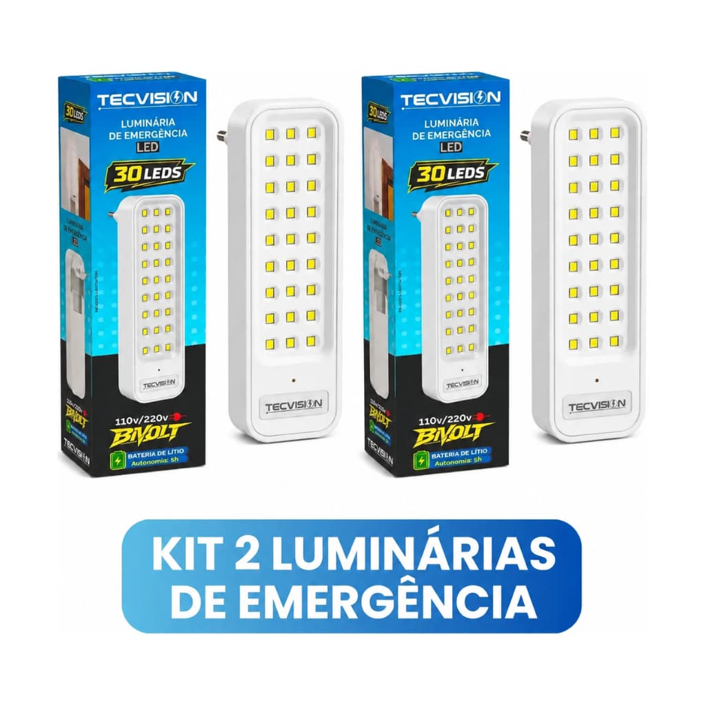 Kit 2 Luminárias de Emergência LED Recarregável Bivolt Tecvision