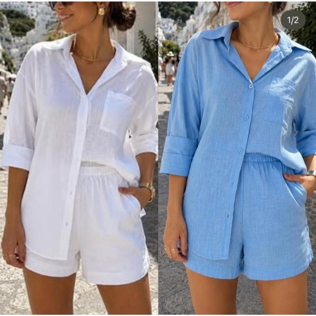 Conjunto Feminino  manga longa Camisa e Shorts Linho  Moda Verão Casual Chic Elegante 2 Peças
