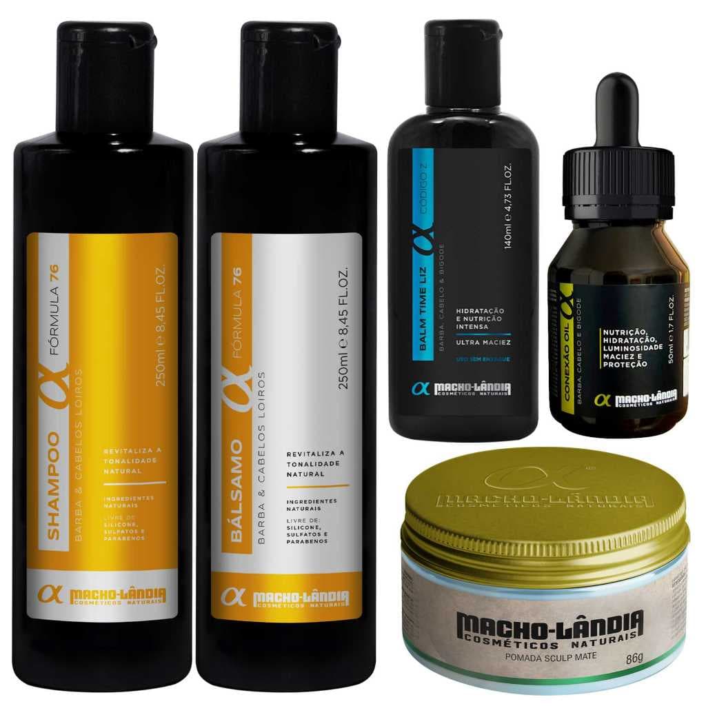 Kit Masculino Completo Macho-Lândia Cabelo e Barba Loiros Shampoo Balm Óleo Bálsamo Pomada Sculp Mate Fixação Hidratação