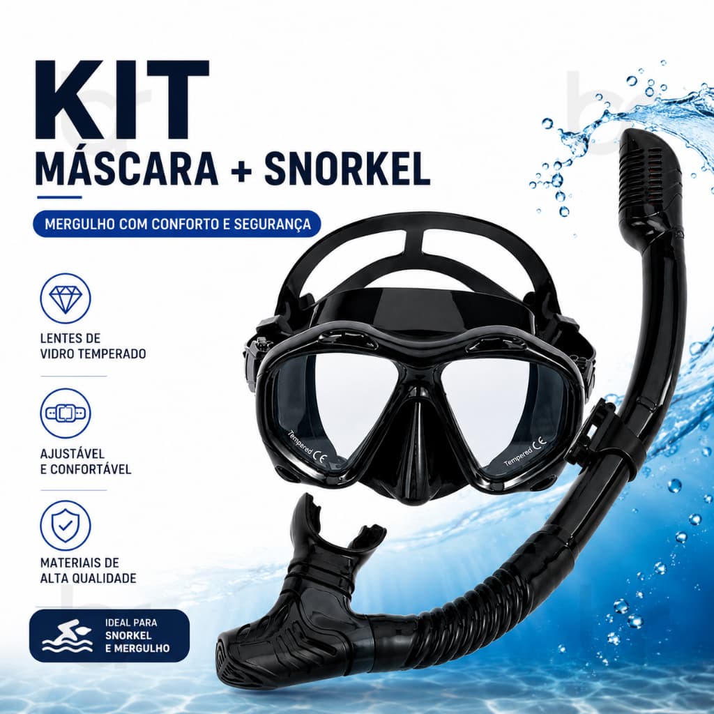 Máscara de Mergulho com Snorkel Kit Adulto Ajustável e Confortável Visão Panorâmica