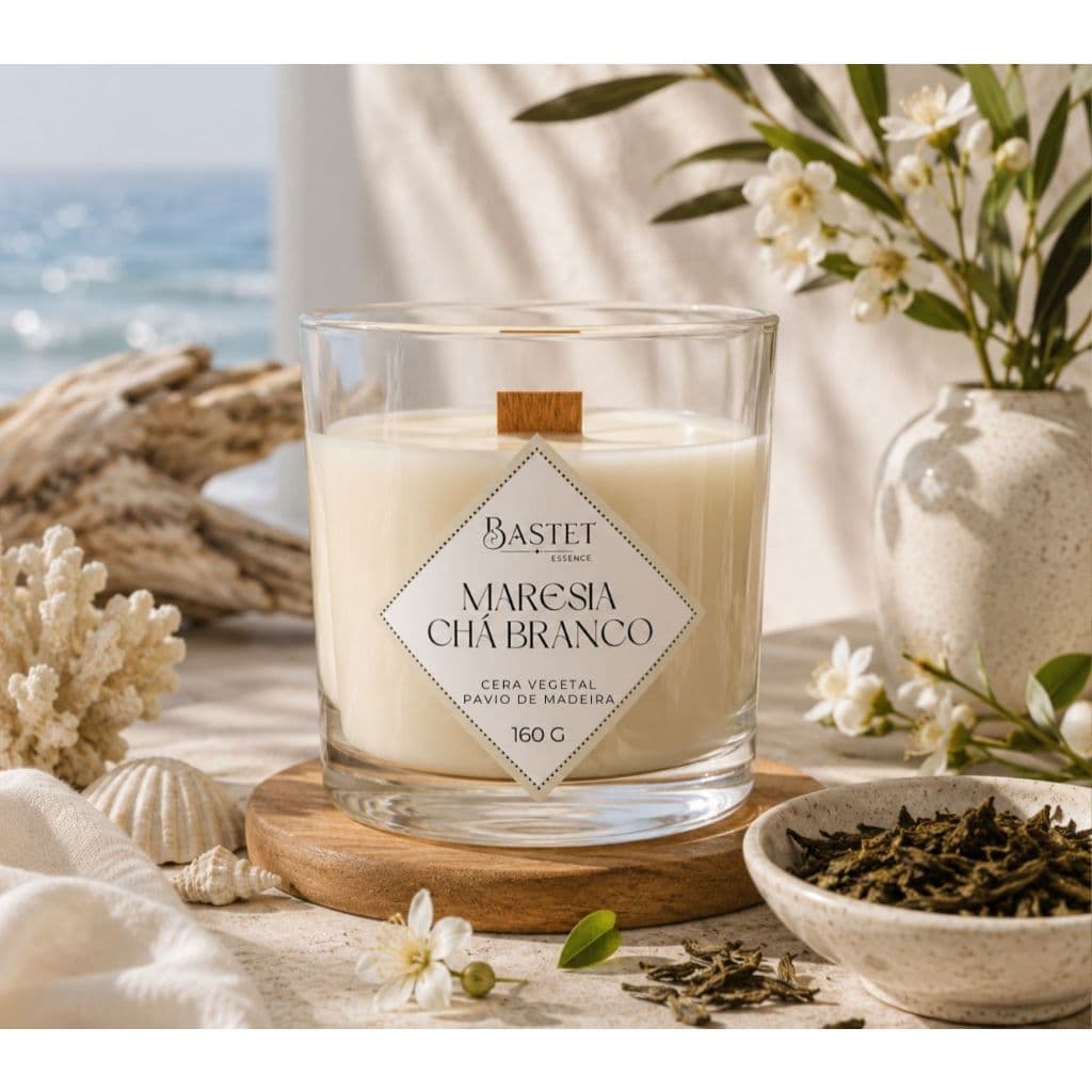 Vela Aromática Maresia Chá Branco | Perfumada | Pavio de Madeira | 160 gramas | Cera de Coco | Vegetal