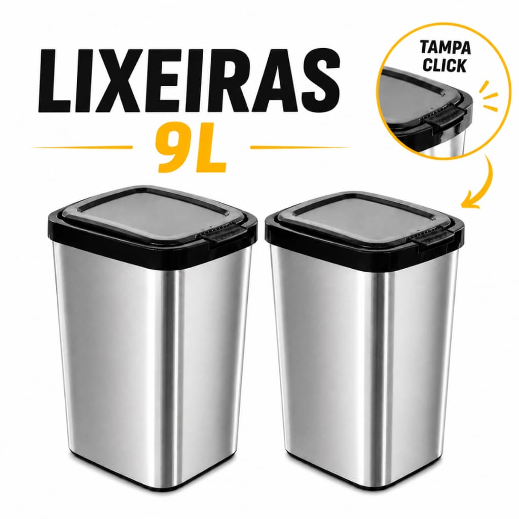 Kit 1 ou 2 Lixeiras Inox Premium 9L Tampa Click Moderna Cozinha Banheiro Compacta Fácil Limpeza