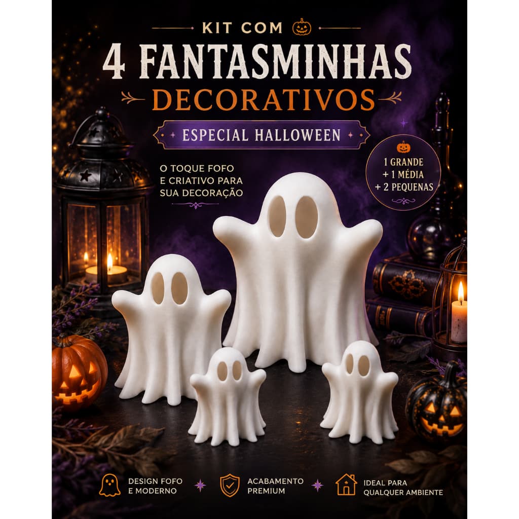 KIT 4 Fantasma Fofo Decorativo – Enfeite para Quarto, Mesa, Estante e Decoração Halloween