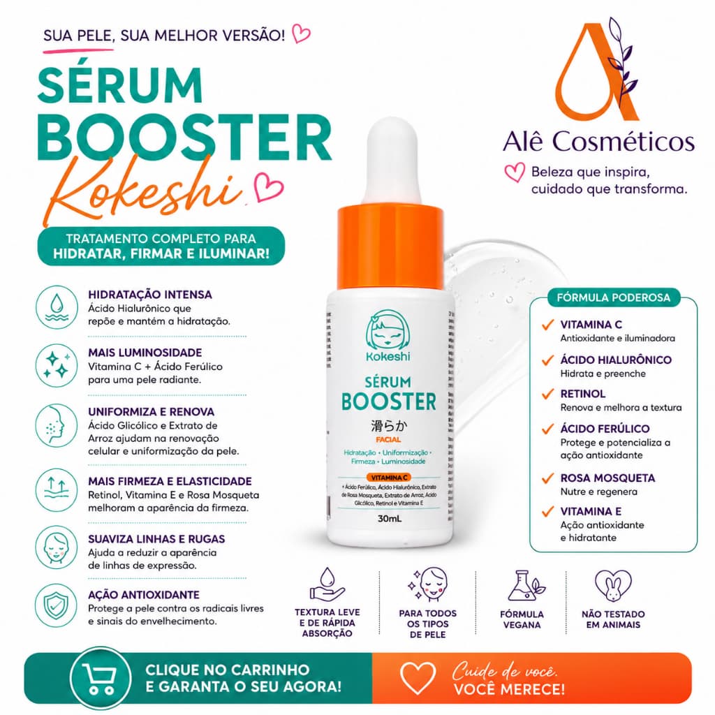 Sérum Booster Facial Kokeshi 30ml Vitamina C Ácido Hialurônico Retinol – Hidratação, Firmeza e Luminosidade
