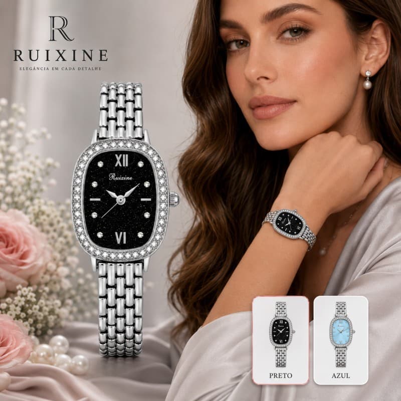 Relógio Feminino Luxo Social RUIXINE Quartzo Cristal Resistente Pulseira Aço Inox Elegante Presente