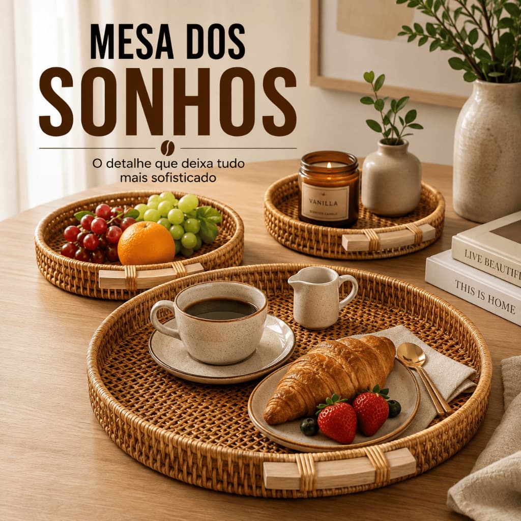 Kit 3 Bandejas Redondas em Madeira Decorativas para Café Servir Mesa e Organizar