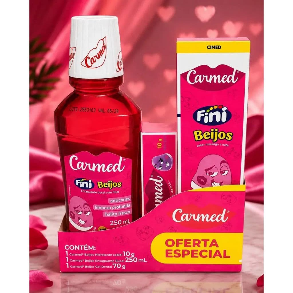 Kit Fini Beijos Enxaguante bucal 250 ml+ Creme dental 70 gr + Carmed brilho labial 10gr