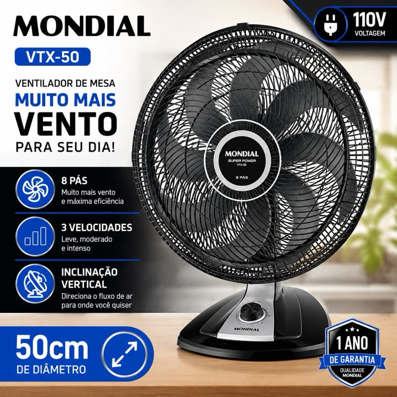 Ventilador de Mesa Mondial VTX-50 50cm 8 Pás 3 Velocidades Super Power
