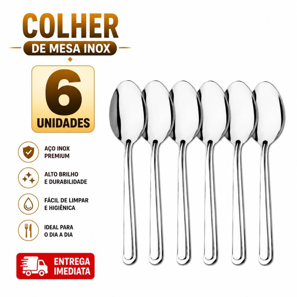 Kit 6 Colheres de Mesa Inox Sopa Aço Inoxidável Restaurante Mesa Buffet Arroz Profissional Premium Colher Prata