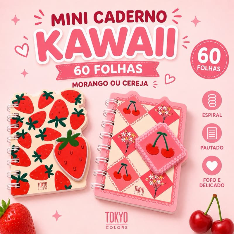 Mini Caderno Espiral Kawaii 60 Folhas Tokyo Colors Morango ou Cereja para Anotações