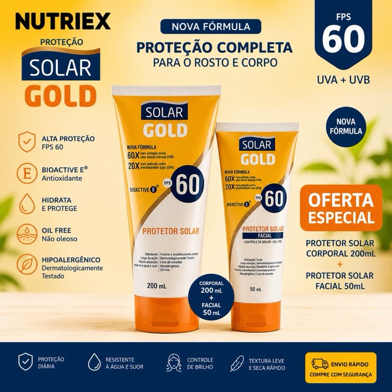 KIT Protetor Solar Corporal Solar Gold Fps 60 de 200ml + Protetor solar facial 50ml FPS 60 Nutriex Profissional