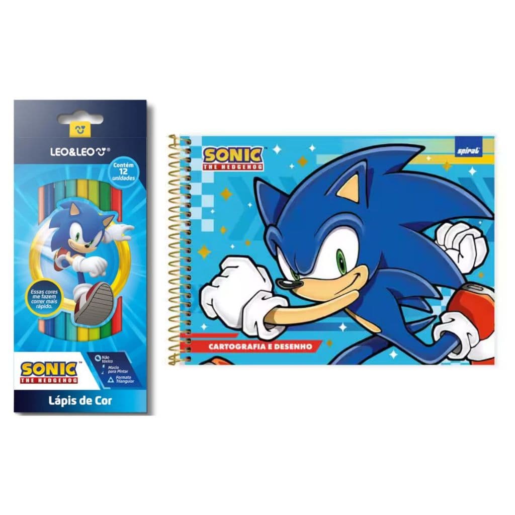 Caderno de Desenho Sonic + Lápis de Cor 12 Cores | Leo e Leo