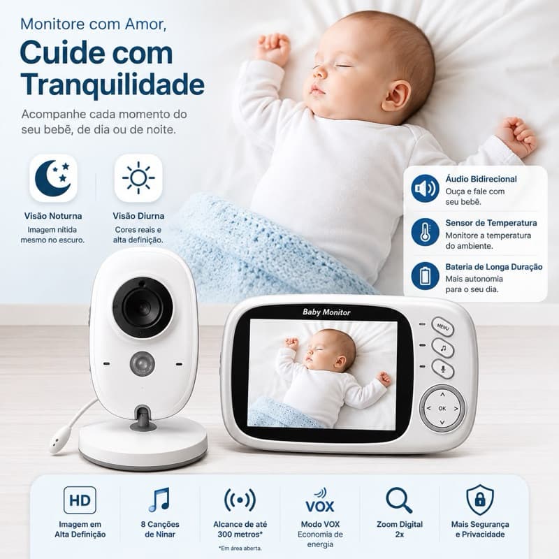 Babá eletrônica VB603 com monitor visão noturna,áudio e sensor de temperatura.