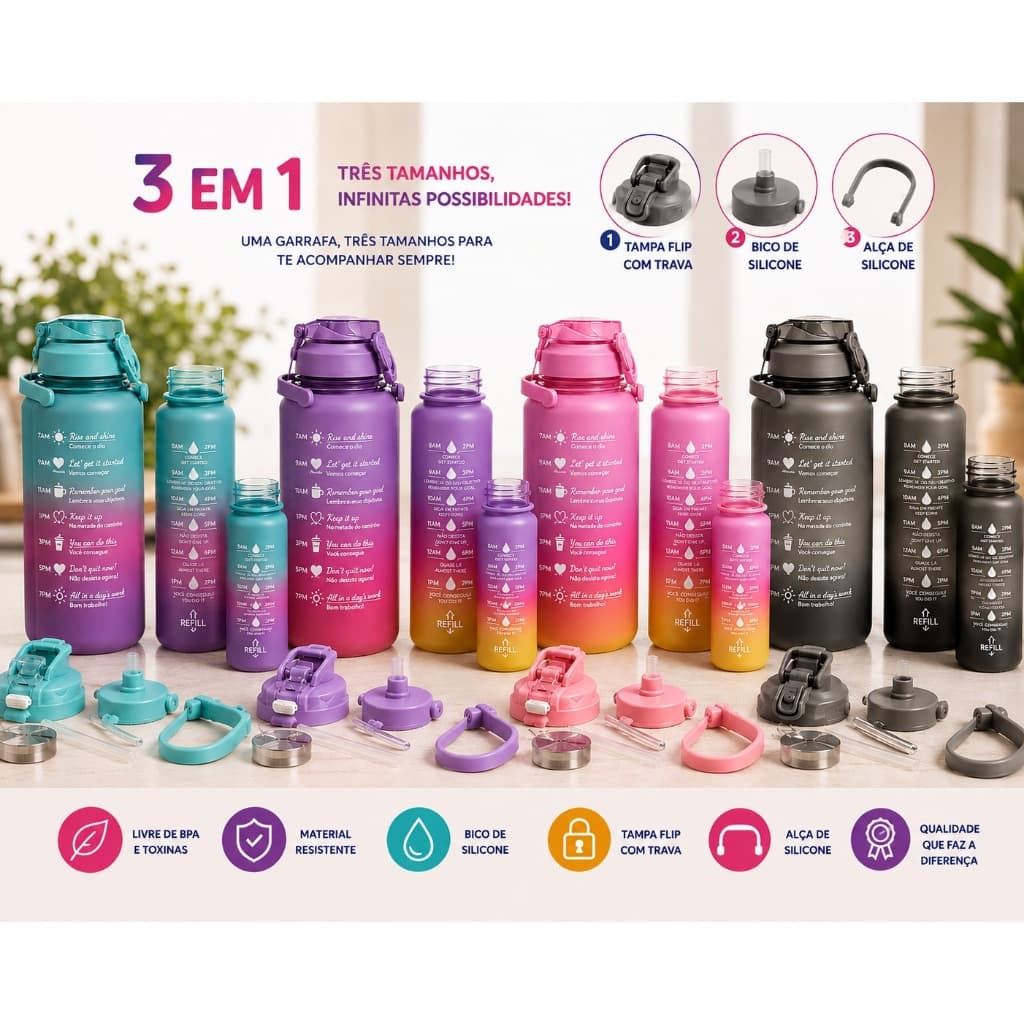 Kit 3 Garrafas De Agua Motivacional 2L 900ml 300ml 3 Em 1 Academia Treino Com Canudo Squeeze