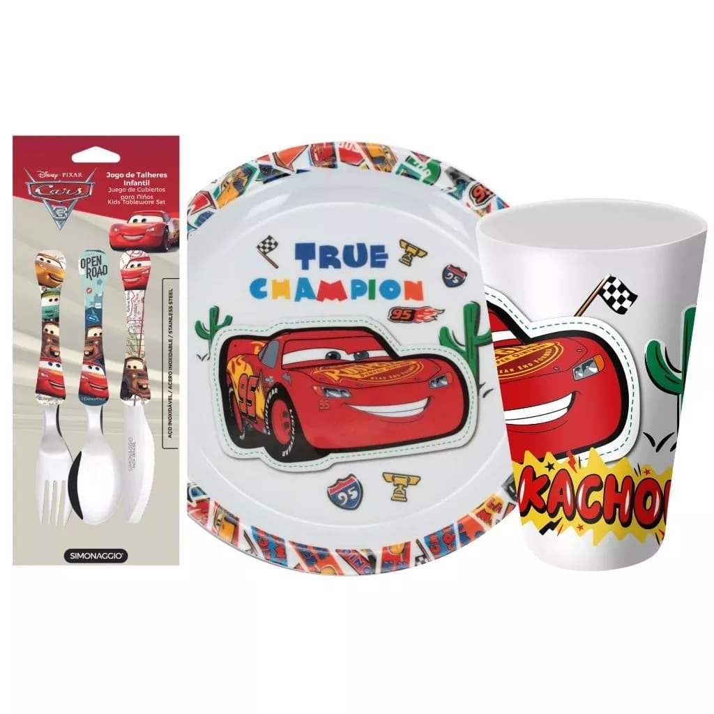 Kit Alimentação Infantil Disney 3 Peças - Prato Fundo, Copo e Jogo de Talheres