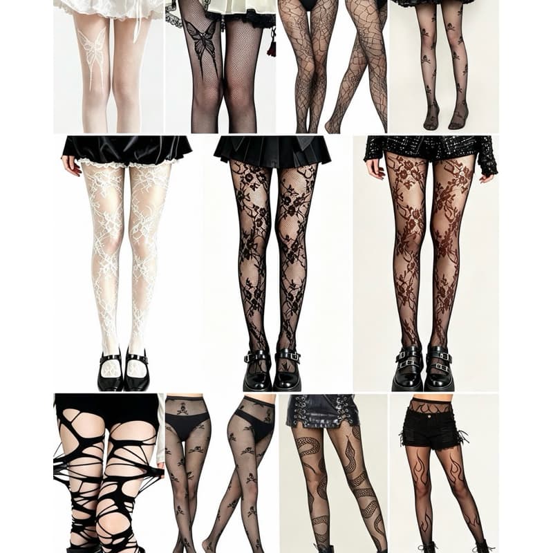 Meia‑calça Renda Estampa Moda Gothic Y2K, Meia Rede Elástica para Mulher