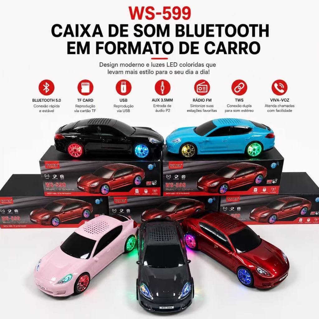 Caixa de Som Bluetooth WS-599 Formato de Carro com Luzes LED, Rádio FM, USB, TF Card, AUX e TWS 5W