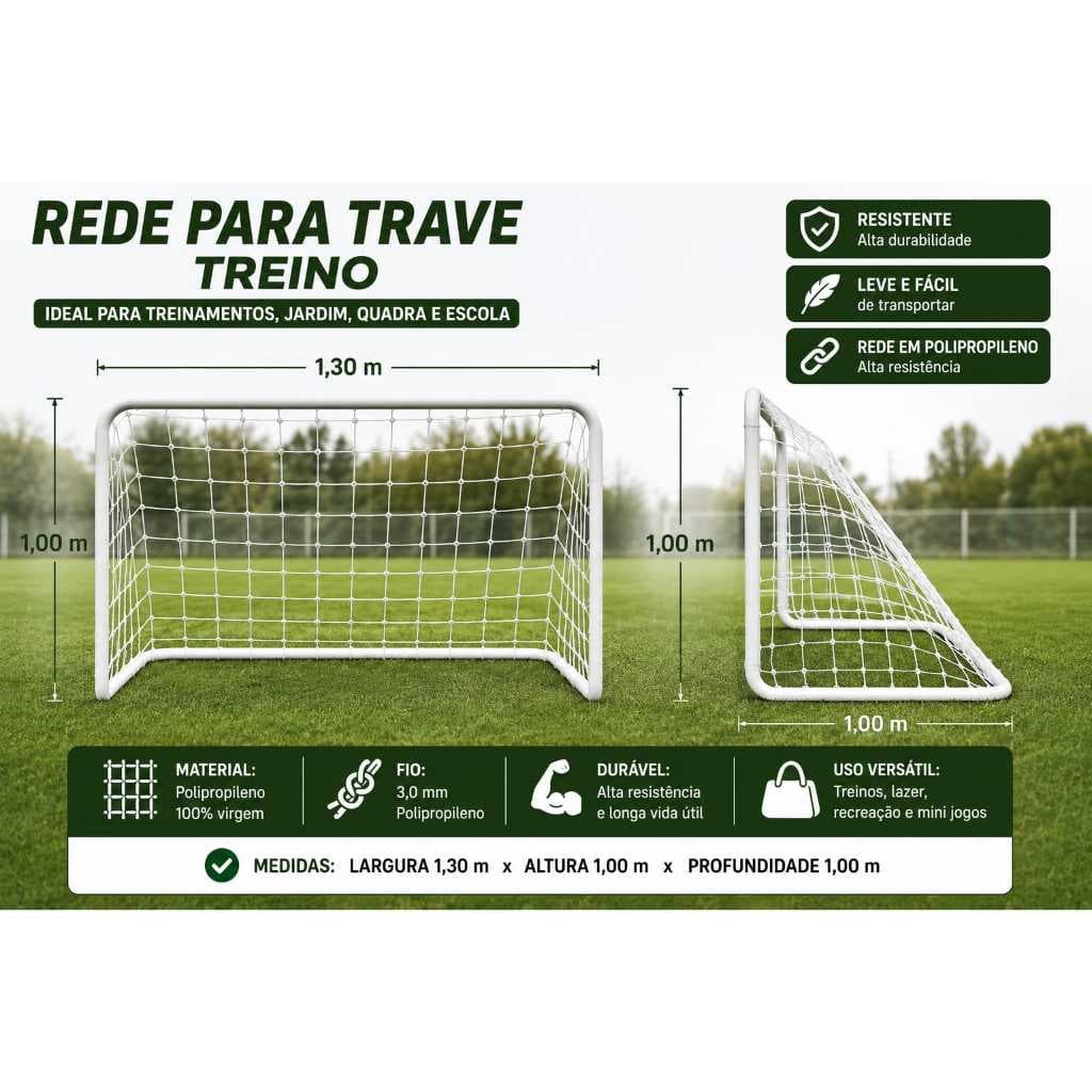 Par de rede mini gol 1,30x1,00x1,00 e seda fio 3mm