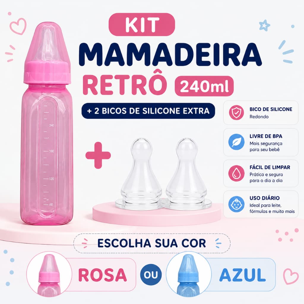 Kit Mamadeira Retrô 240ml com 2 Bicos Extra De Silicone Redondo  Mamadeiras Na Cor Rosa ou Azul Bebês