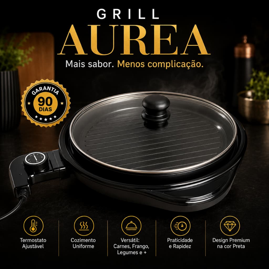 Grill Elétrico Redondo Grill Aurea 127V Preto Termostato Ajustável