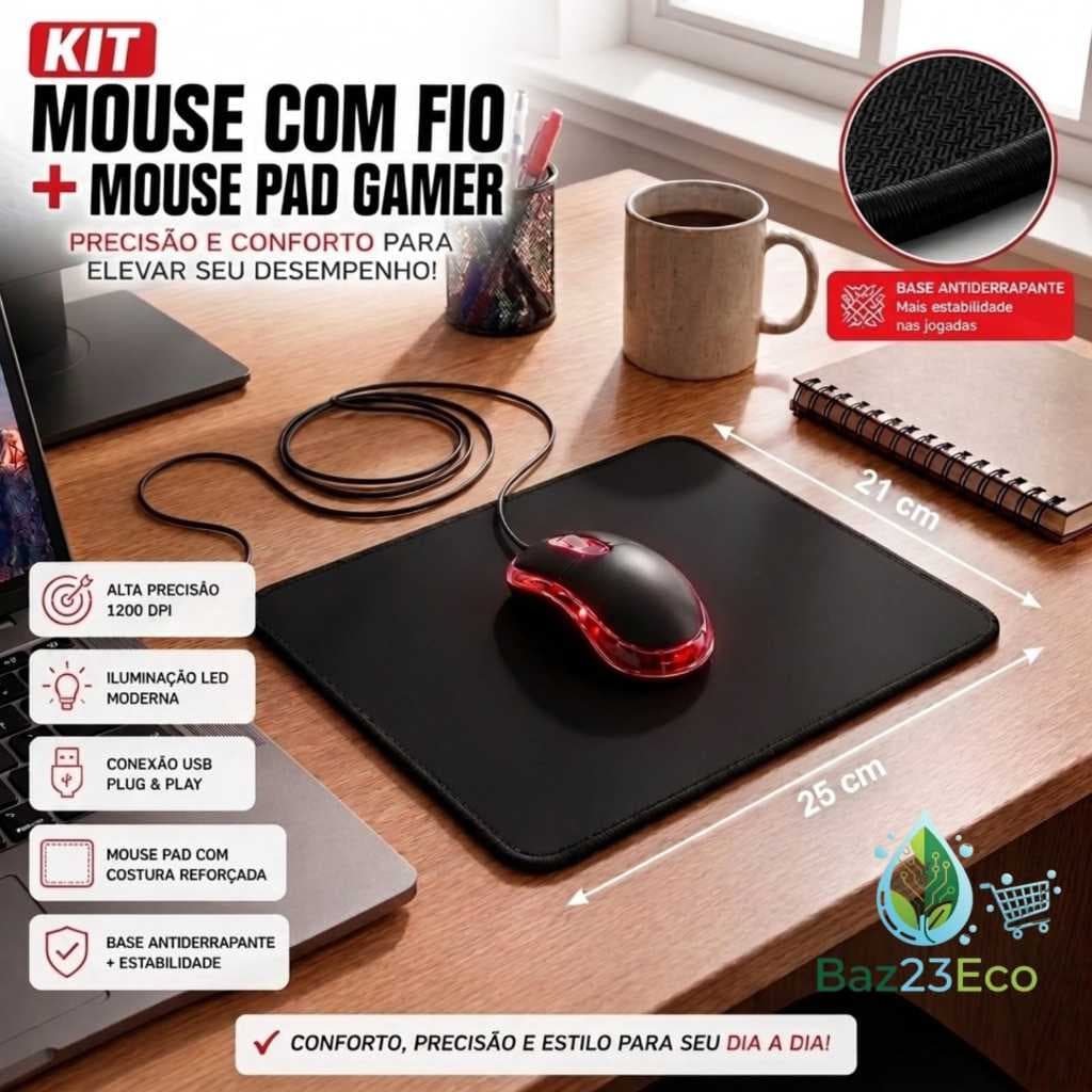 🖱️Kit Mouse Com Fio LEHMOX LEY-28 1200 DP Iluminação lateral em LED + Mouse Pad Gamer Antiderrapante