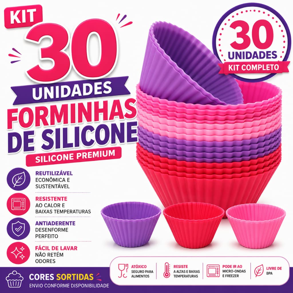 Kit 6/12/24/30 Forminhas Silicone para Cupcake 7cm Forma Muffin Mini Bolo Antiaderente Reutilizável