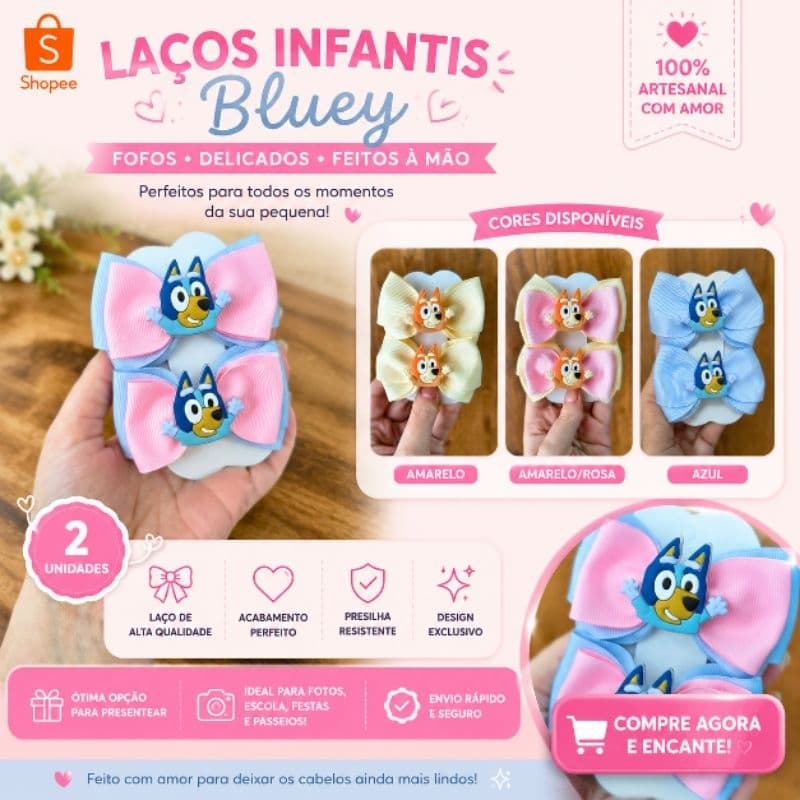 KIT 2 LAÇOS INFANTIL BLUEY ou BINGO