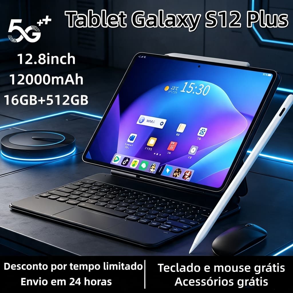 【Teclado e mouse gratuitos】Tablet  S12 Plu 12.8polegadas HD12000 mAh 16 GB + 512 GB, dois chips pix