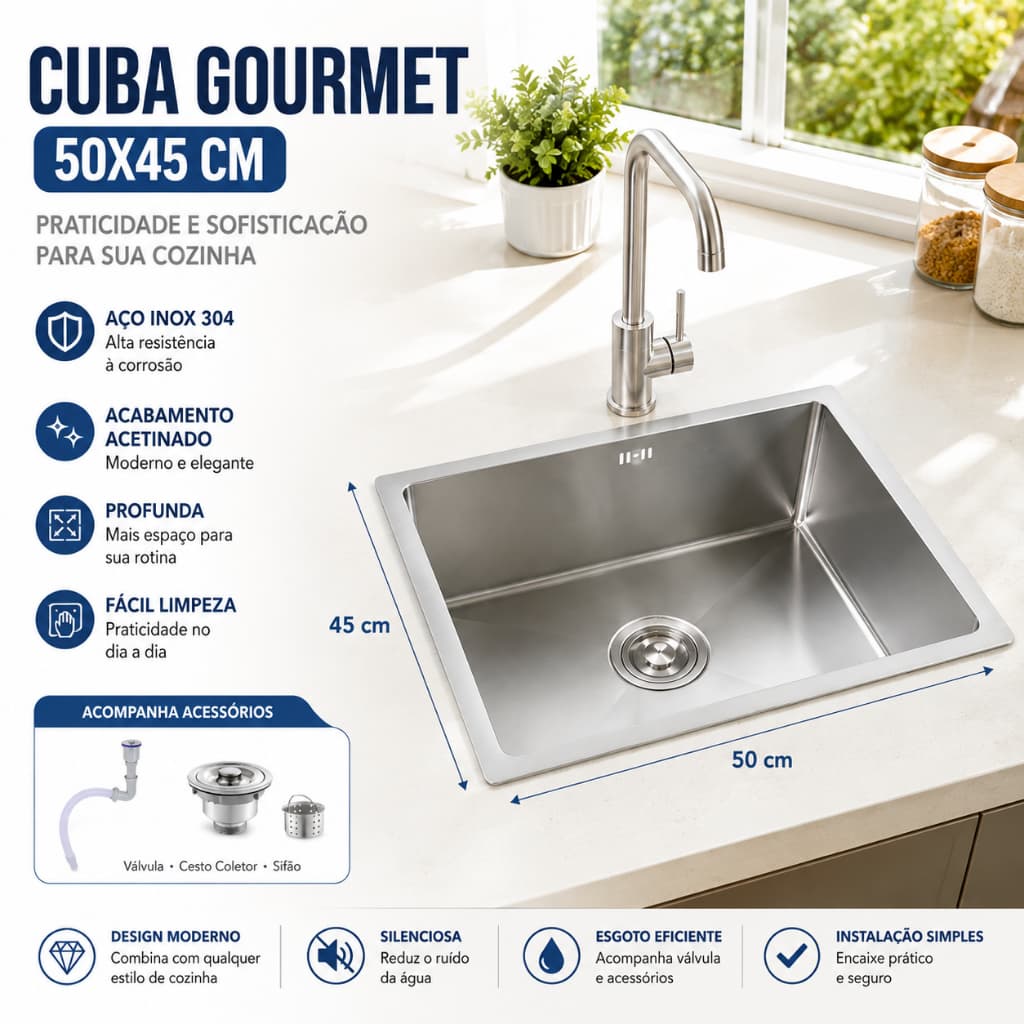 Cuba Pia Gourmet Inox Quadrada Cozinha Luxo 50x45 Com Acessórios