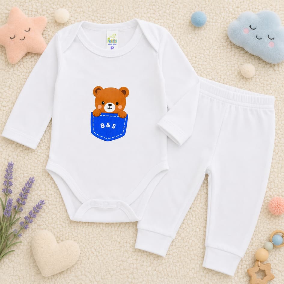 Conjunto Body e Calça Bebê 2 Peças Manga Longa Frio Algodão Unissex Canelado