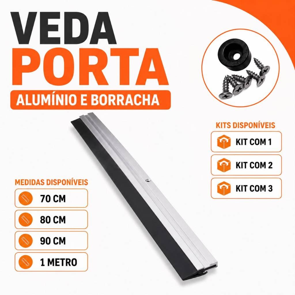 Veda Porta Alumínio com Borracha Reforçada Rodo Vedante 70-80-90-100cm Anti Poeira Insetos e Ruído