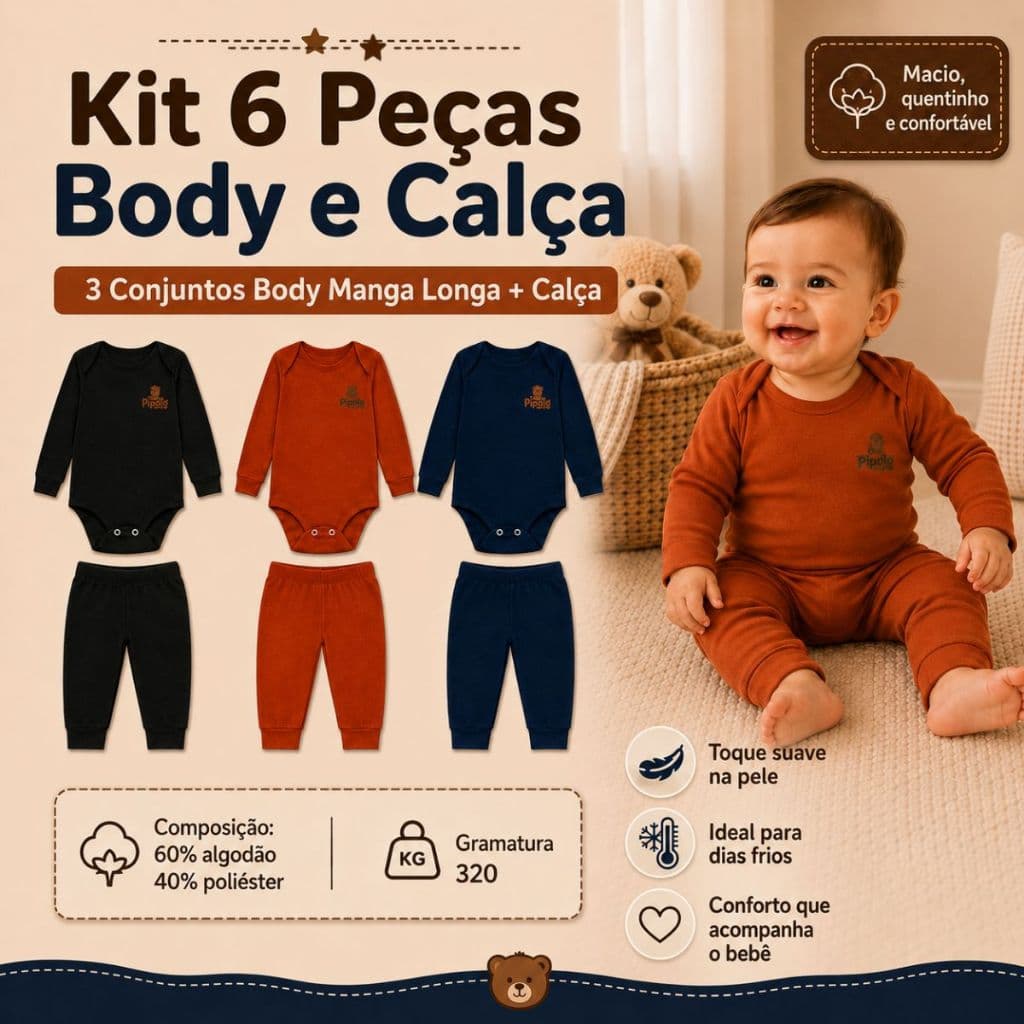 Kit 6 Peças Pipolê Menino Conjunto Bebê Body Manga Longa + Calça Roupa Infantil Algodão