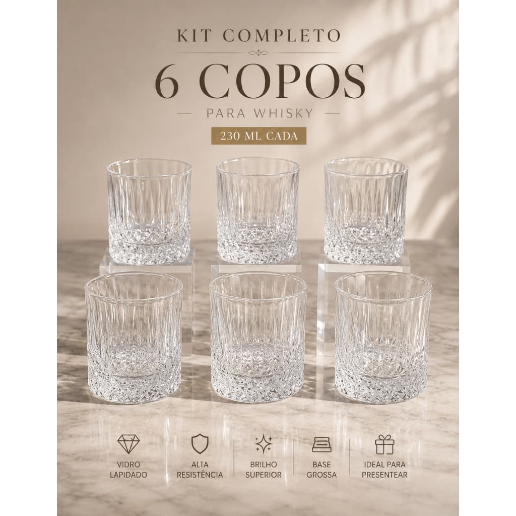 Jogo 6 Copos Whisky Vidro Lapidado Estilo Cristal Copo Bar Uisque Drink Agua Suco 230ml