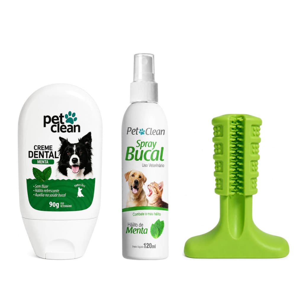 Kit Higiene Bucal Pet Clean Menta Spray Creme Dental Mordedor Escova Cachorro