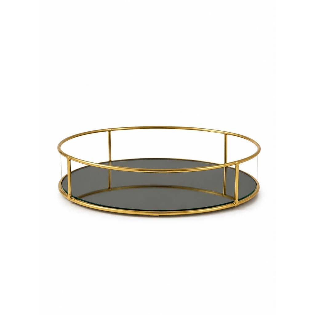Bandeja Decorativa Dourada Redonda com Fundo Espelhado para Sala Quarto Aparador