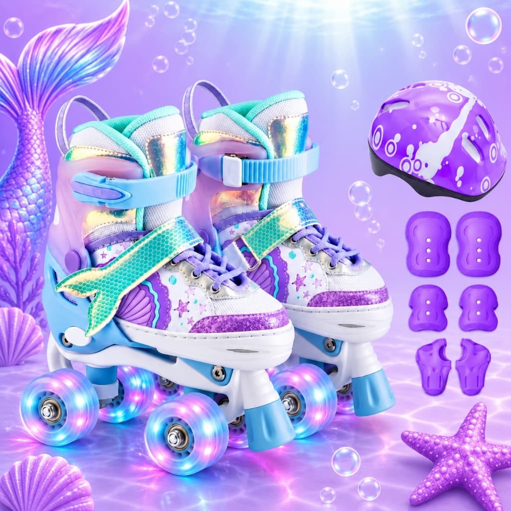 Patins Infantil 4 Rodas Ajustavel Acompanha Proteçao Com Luzes de Led nas Rodas