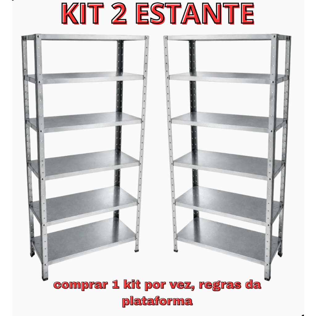KIT 2 PRATELEIRA MULTIUSO EM AÇO GALVANIZADO 6 BANDEJAS 190X90X27CM