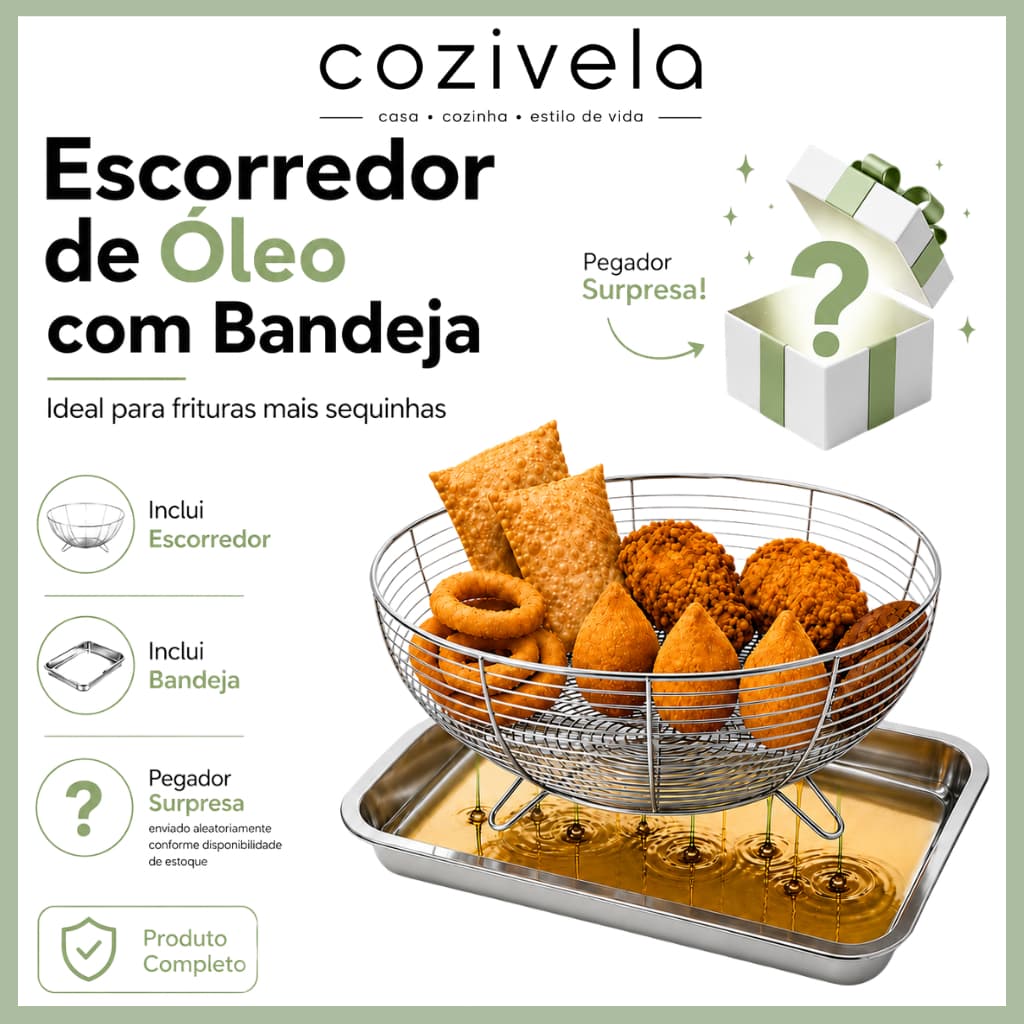 Bandeja com Escorredor de Óleo aço inox Redondo Fritura Multiuso - Pegador Grátis
