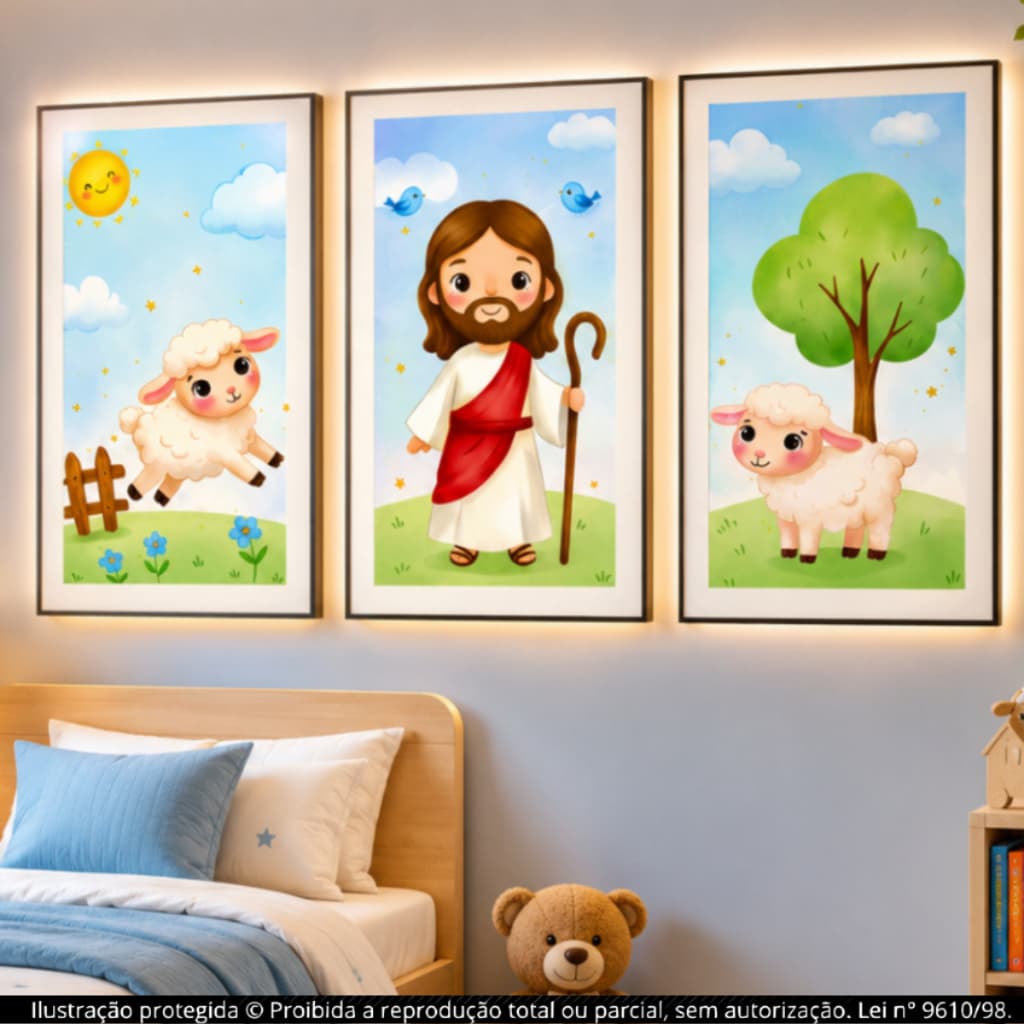 Kit Quadros Decorativos 3 Peças Jesus Bom Pastor Infantil com Ovelhinhas para Quarto de Bebê Menino