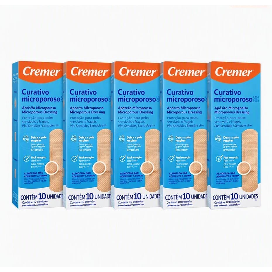 Kit 5 Caixas - Curativo Microporoso Fácil Remoção Total 50 Unidades Cremer
