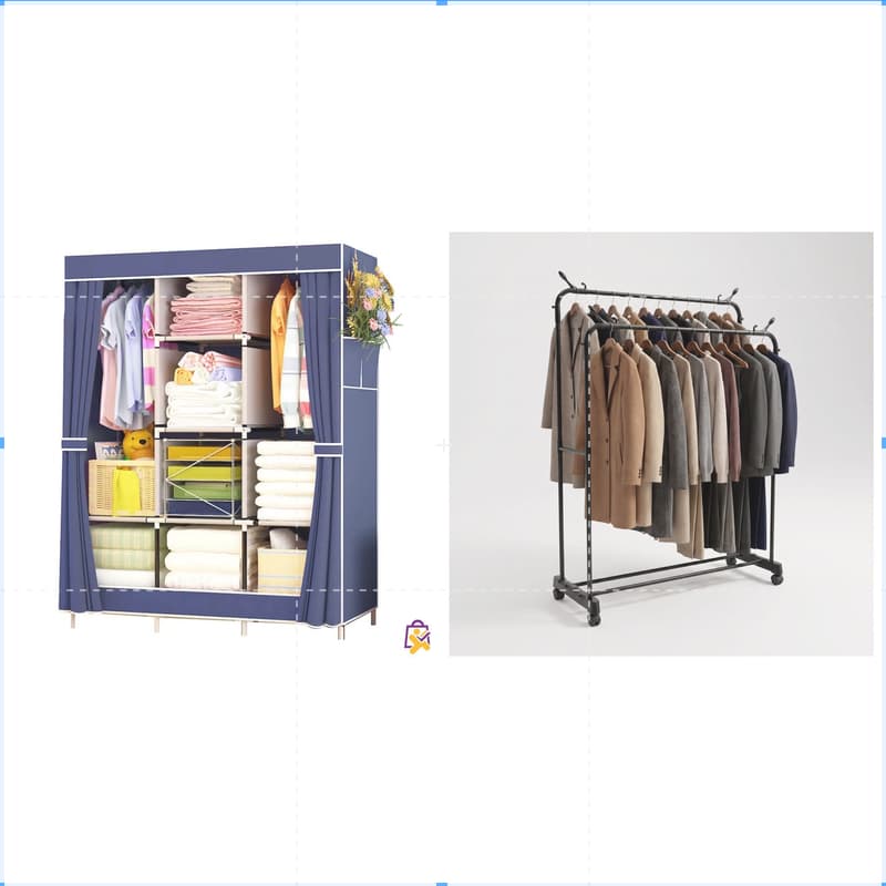 Kit Guarda-Roupa Dobrável Portátil + Arara Duplo Nível c/Rodinhas