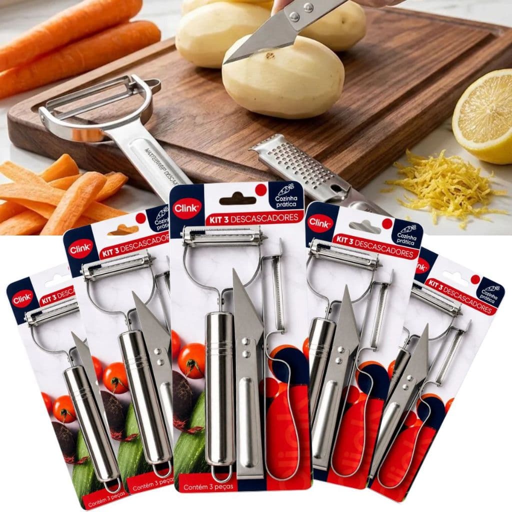 Kit 15 Descascador De Legumes e Frutas Em Aço Inox Resistente Ralador Cortador Faca Descascadores Manual