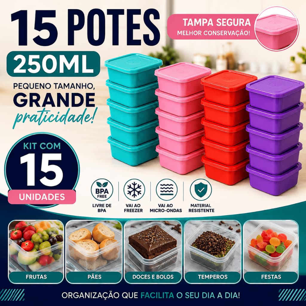 Potes 250ml com Tampa Tamanho Pequeno para Alimentos Temperos Frutas e Sobremesas