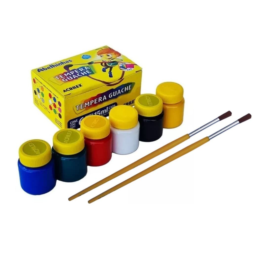 Kit Tinta Guache Acrilex 6 Potinhos Com 15 Ml Cada + Dois Pincel Numero 10